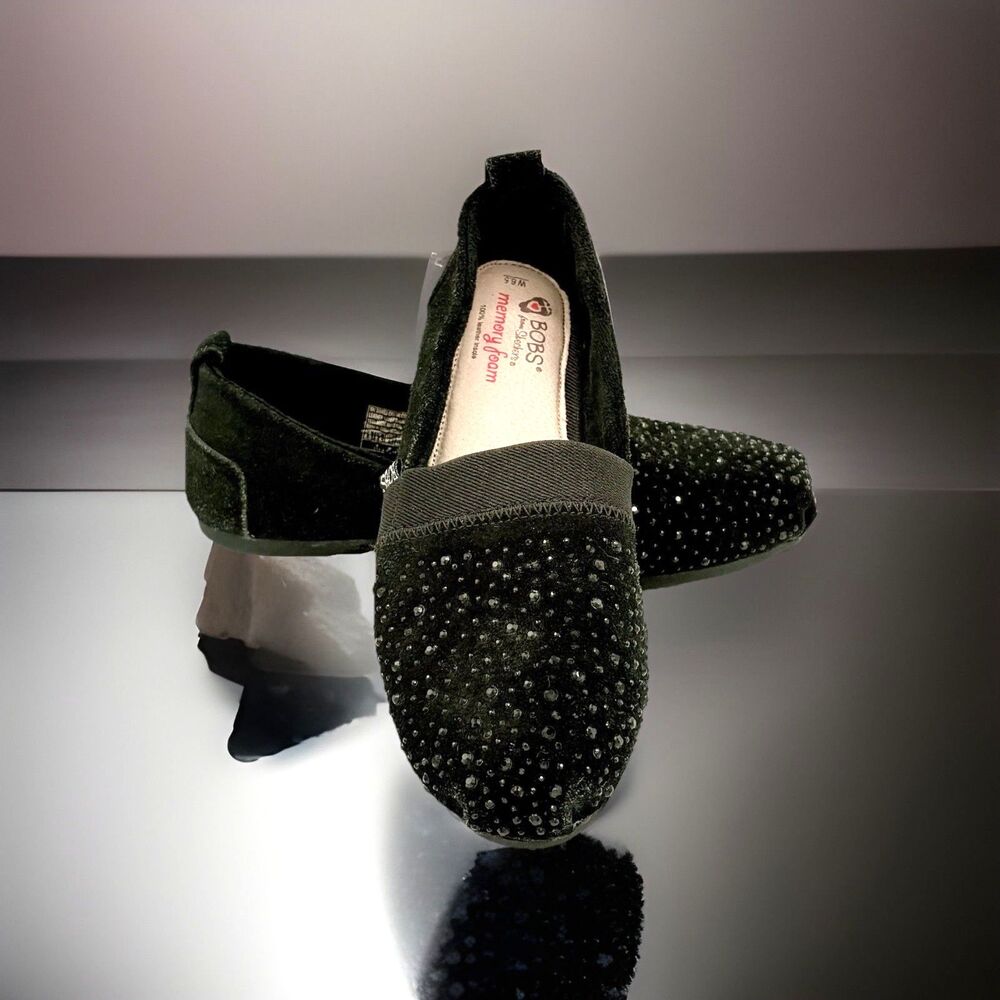 Skechers Bobs Black Suede Leather Rhinestone Embellishment Memory Foam Flats 6.5